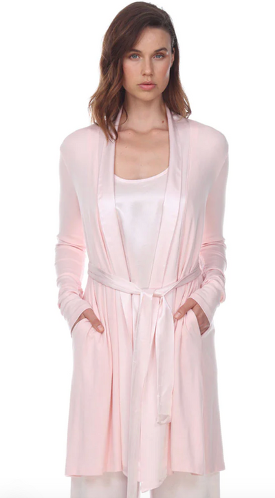 Elijah - Rib Knit Long-Sleeve Robe With Satin Trim And Belt in Blush