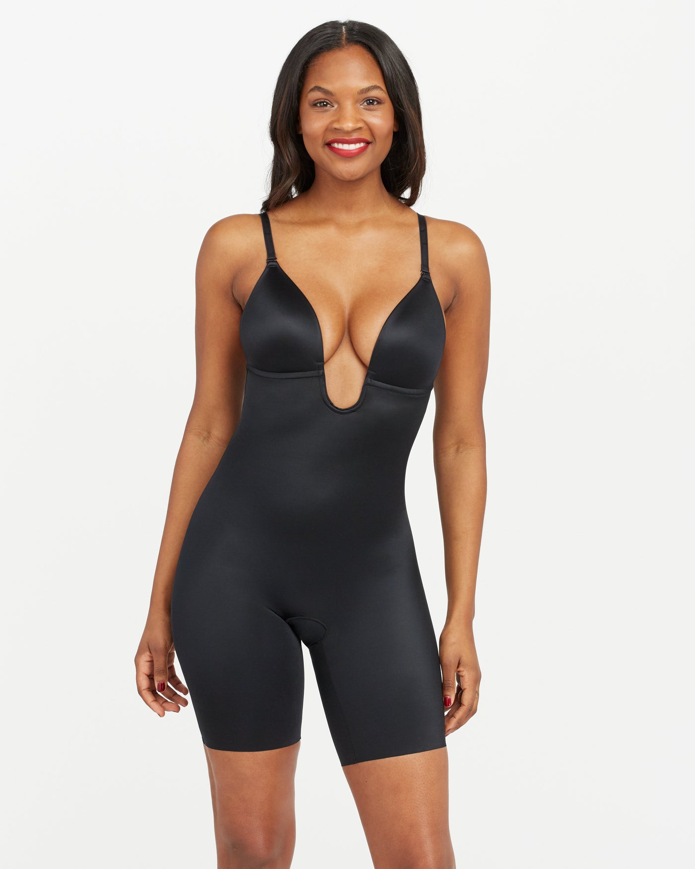 Spanx Suit Your Fancy Strapless Cupped Mid-thigh Shaping Bodysuit in Black